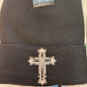 Cross Patched Knit Cuffed Beanie in Black.
